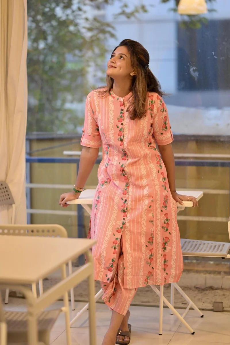 جو سريكي كورتا مطبوعة من GoSriKi من رايون فيسكوز A-Line مع بنطال (بيساسو خوخ-GS_XL_Peach_X-كبير)